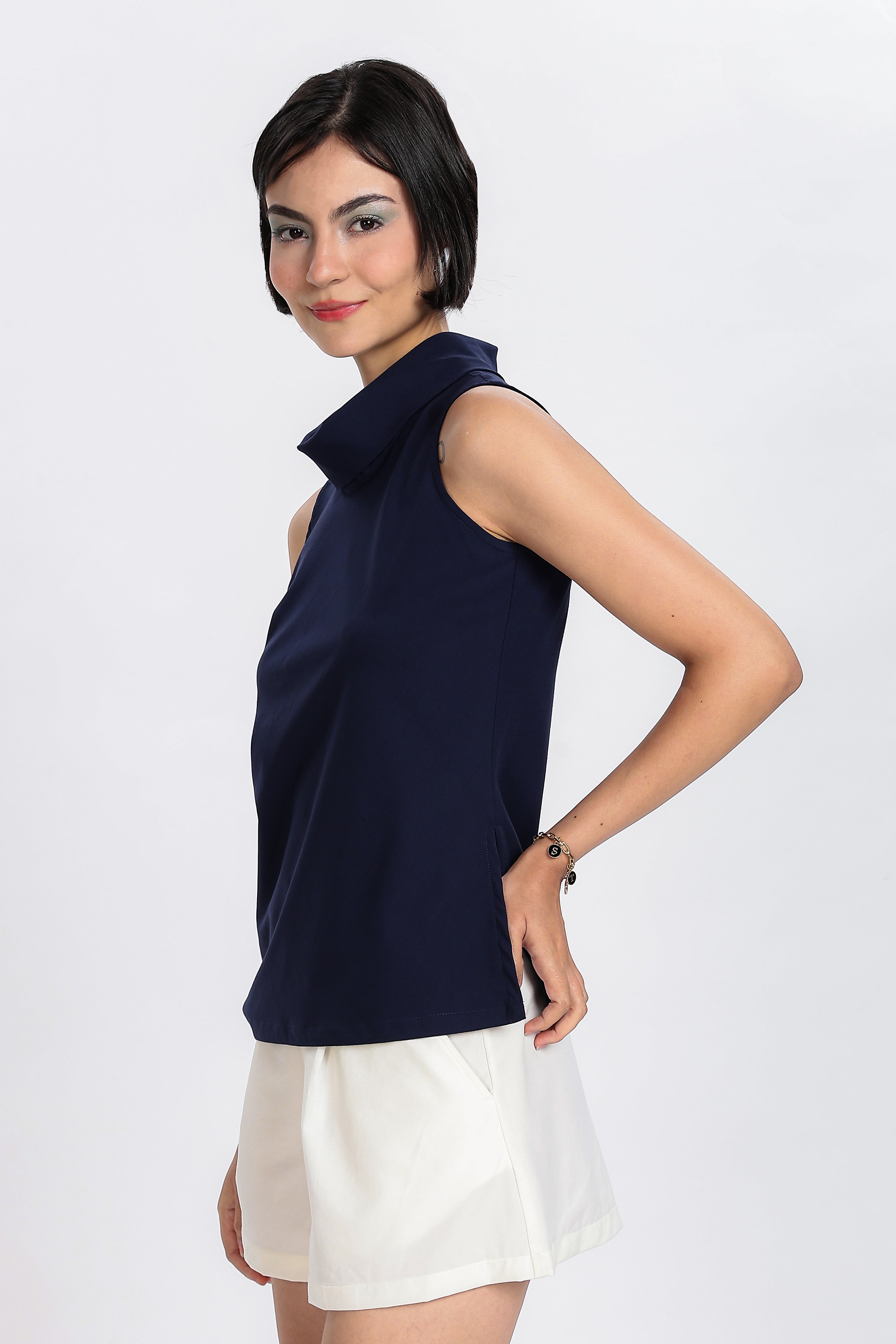 ELEGANT HIGH NECK TOP-NAVY BLUE
