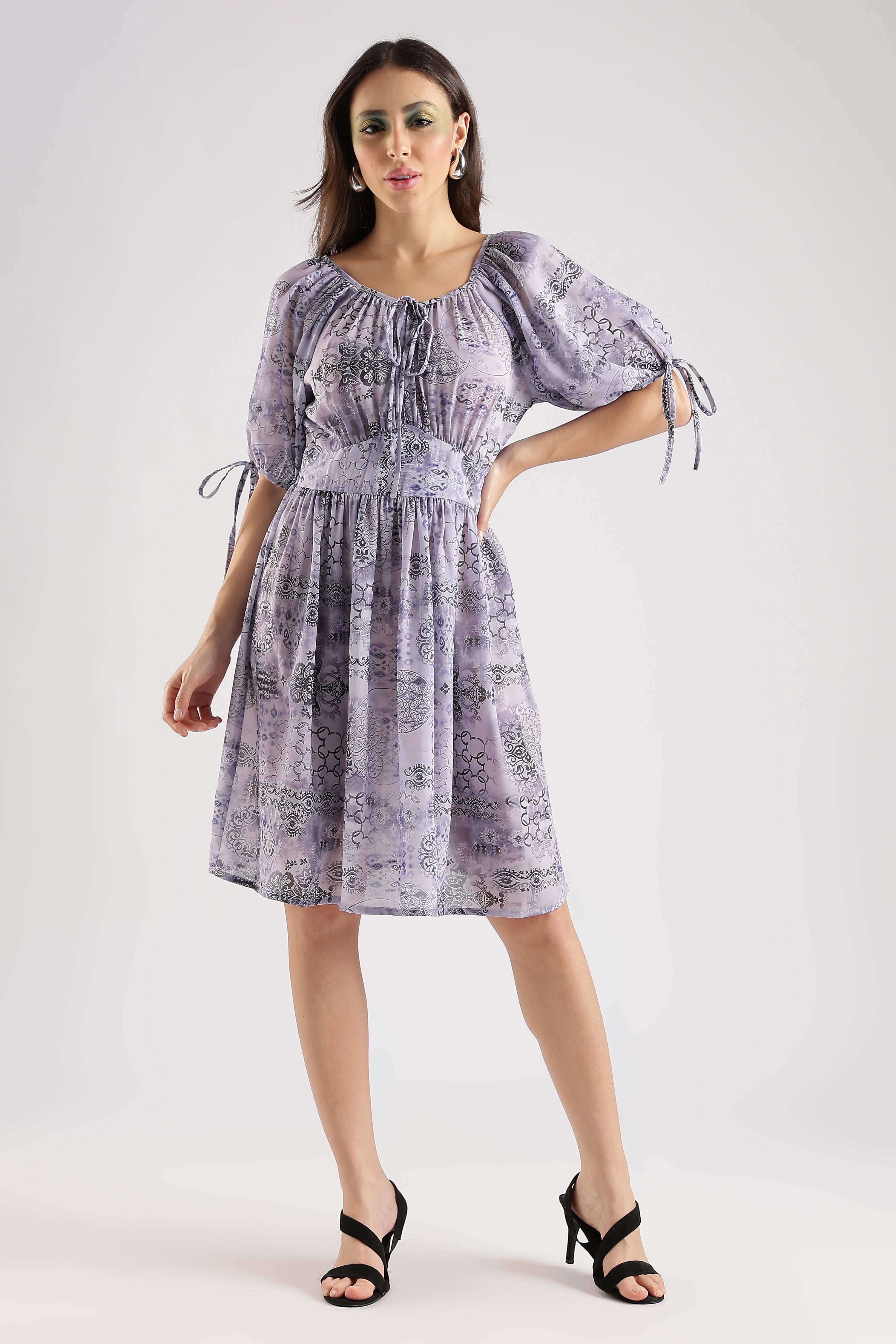 PRINTED MIDI DRESS-PURPLE