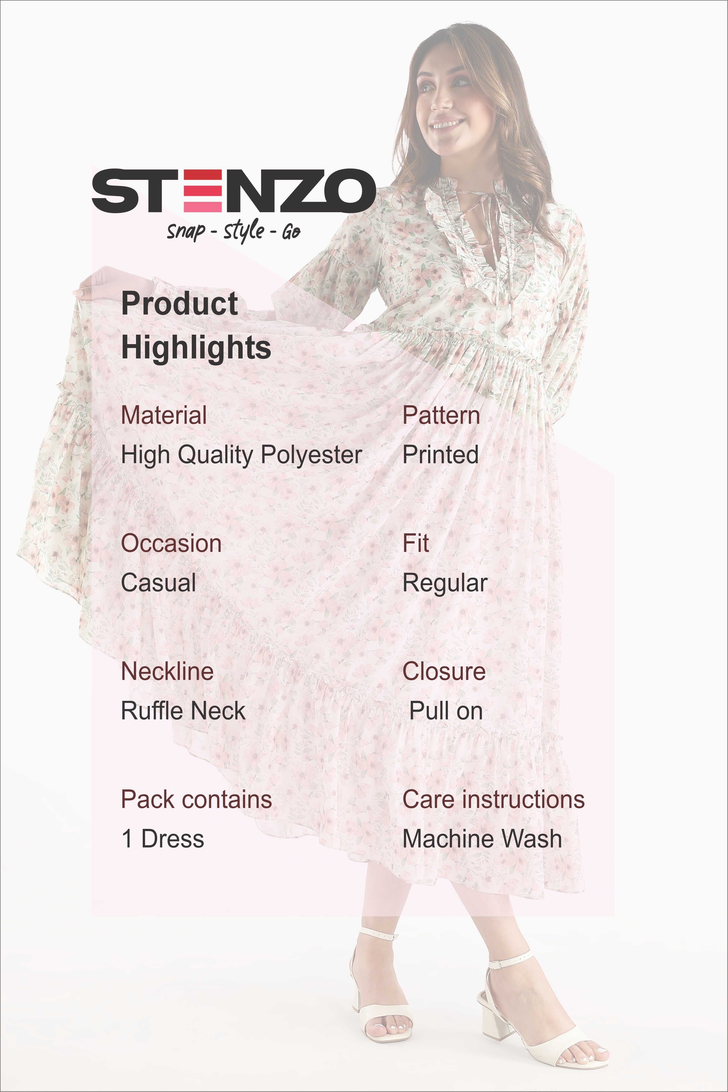 RUFFLE PRINTED DRESS-CREAM