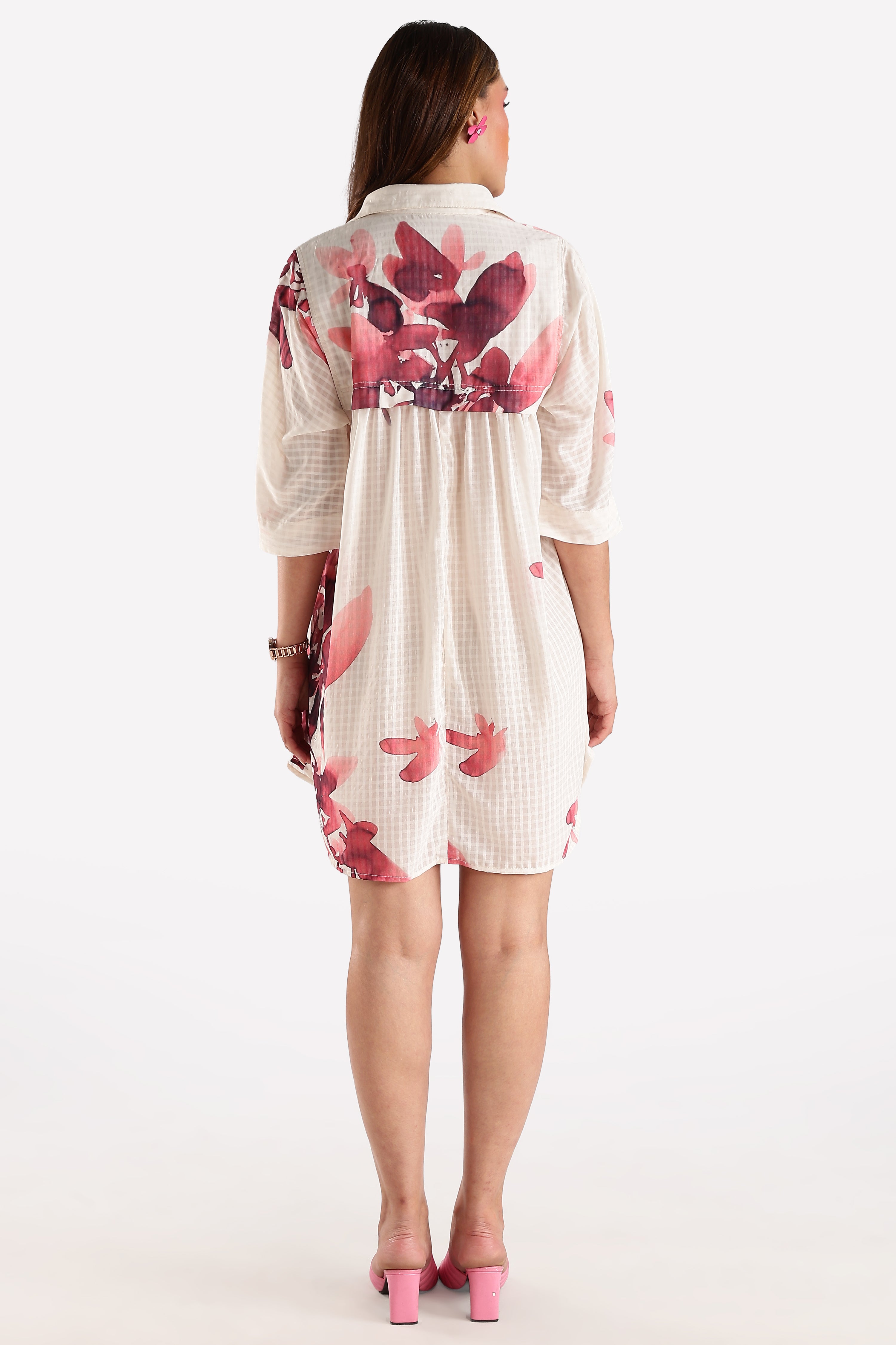 PRINTED SHIRT DRESS-MAROON