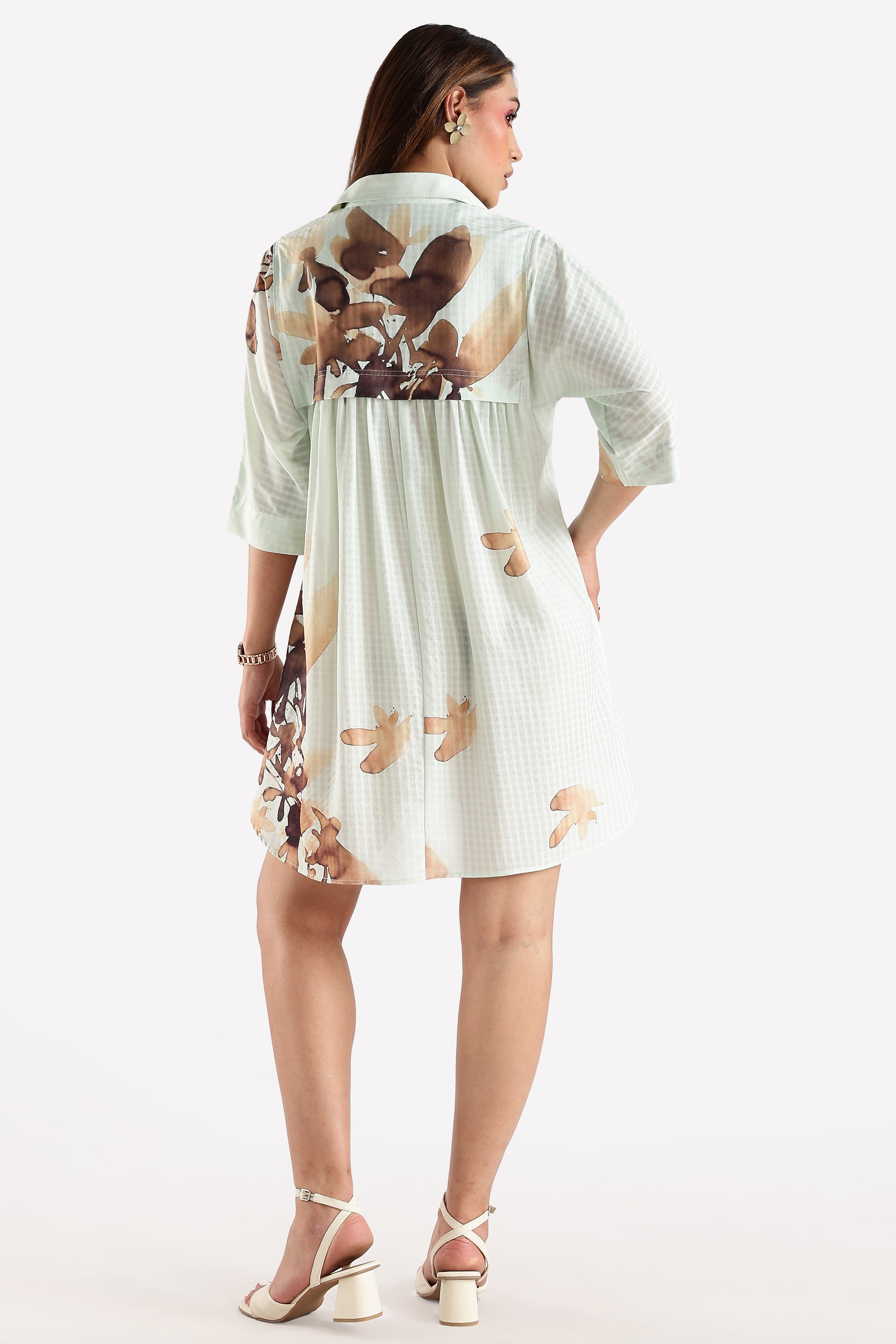 PRINTED SHIRT DRESS-BROWN