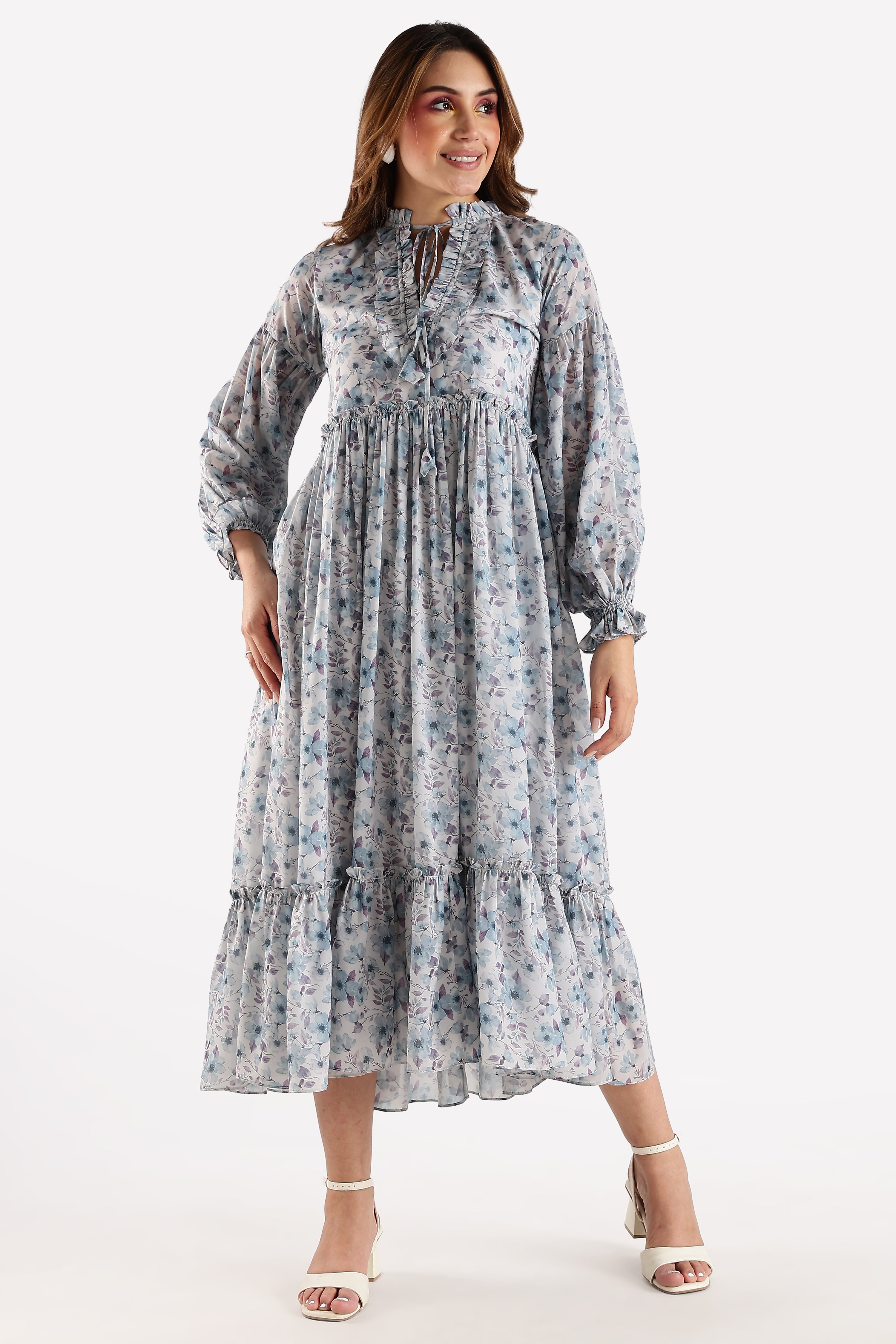 RUFFLE PRINTED DRESS-BLUE