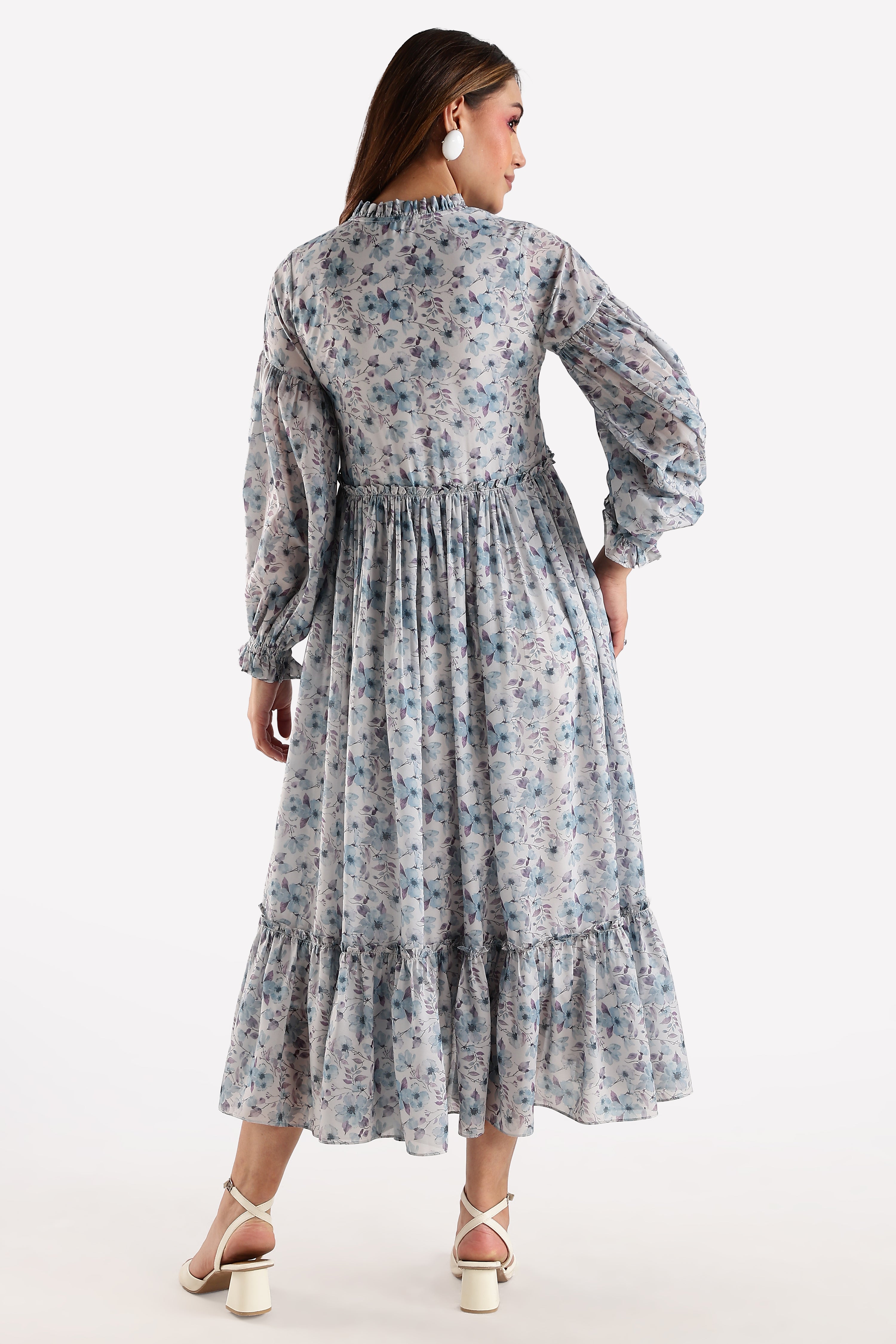 RUFFLE PRINTED DRESS-BLUE