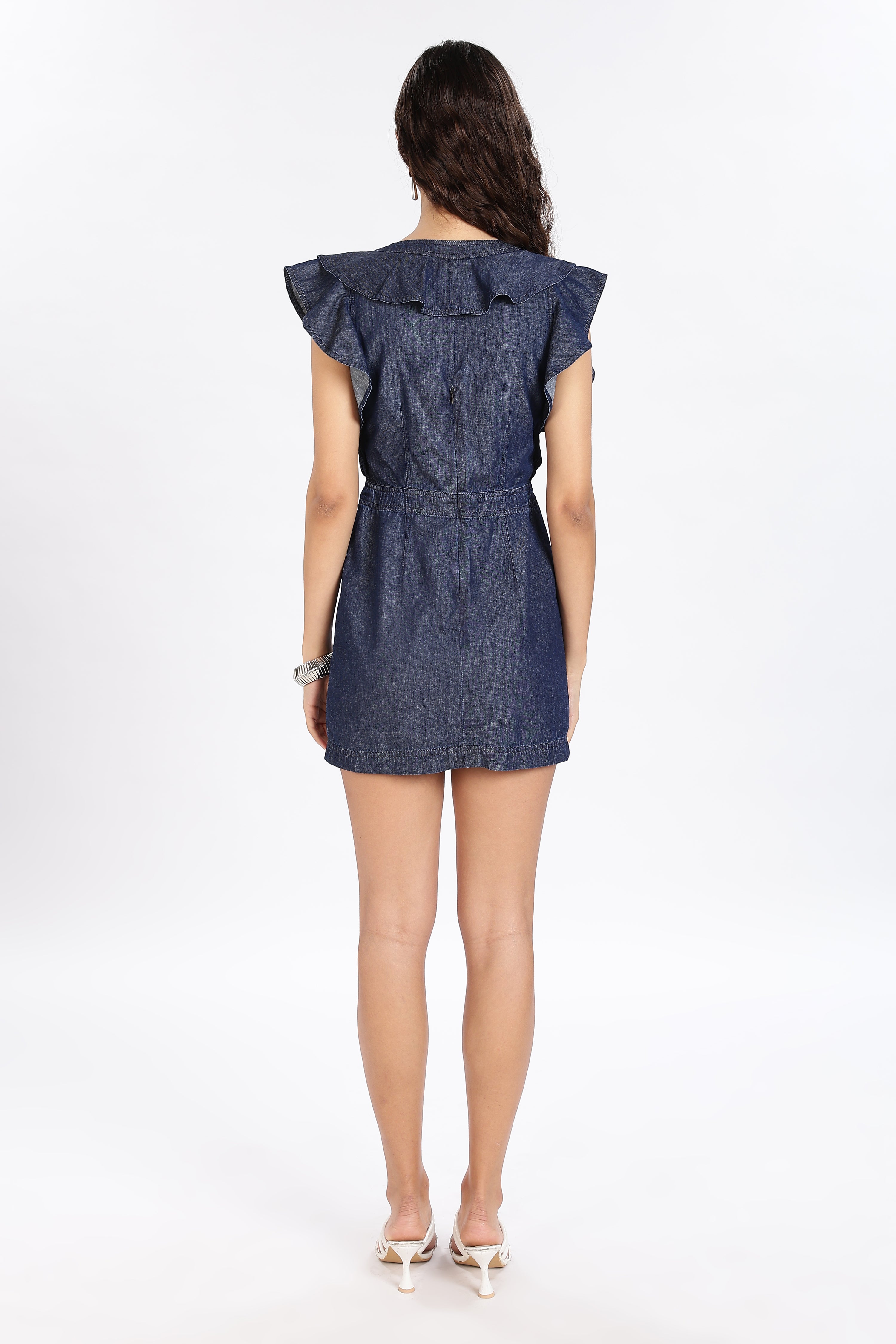 RUFFLE DENIM MINI DRESS