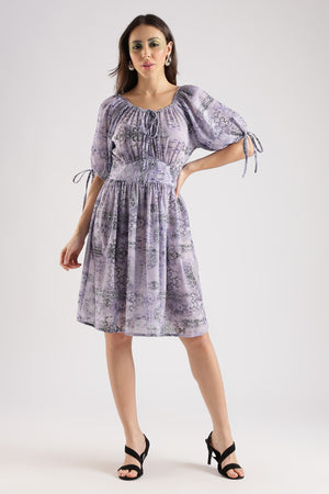 PRINTED MIDI DRESS-PURPLE