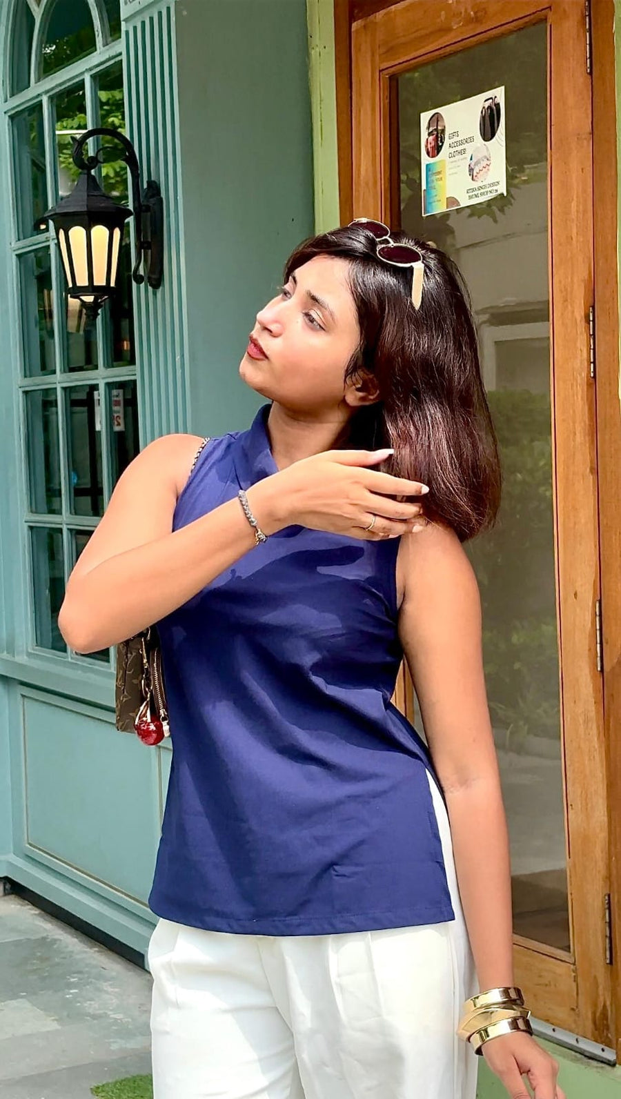 ELEGANT HIGH NECK TOP-NAVY BLUE