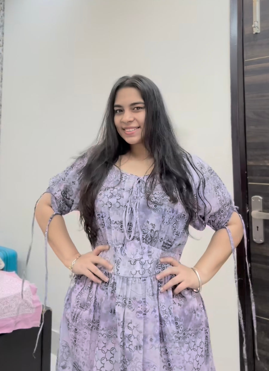 PRINTED MIDI DRESS-PURPLE