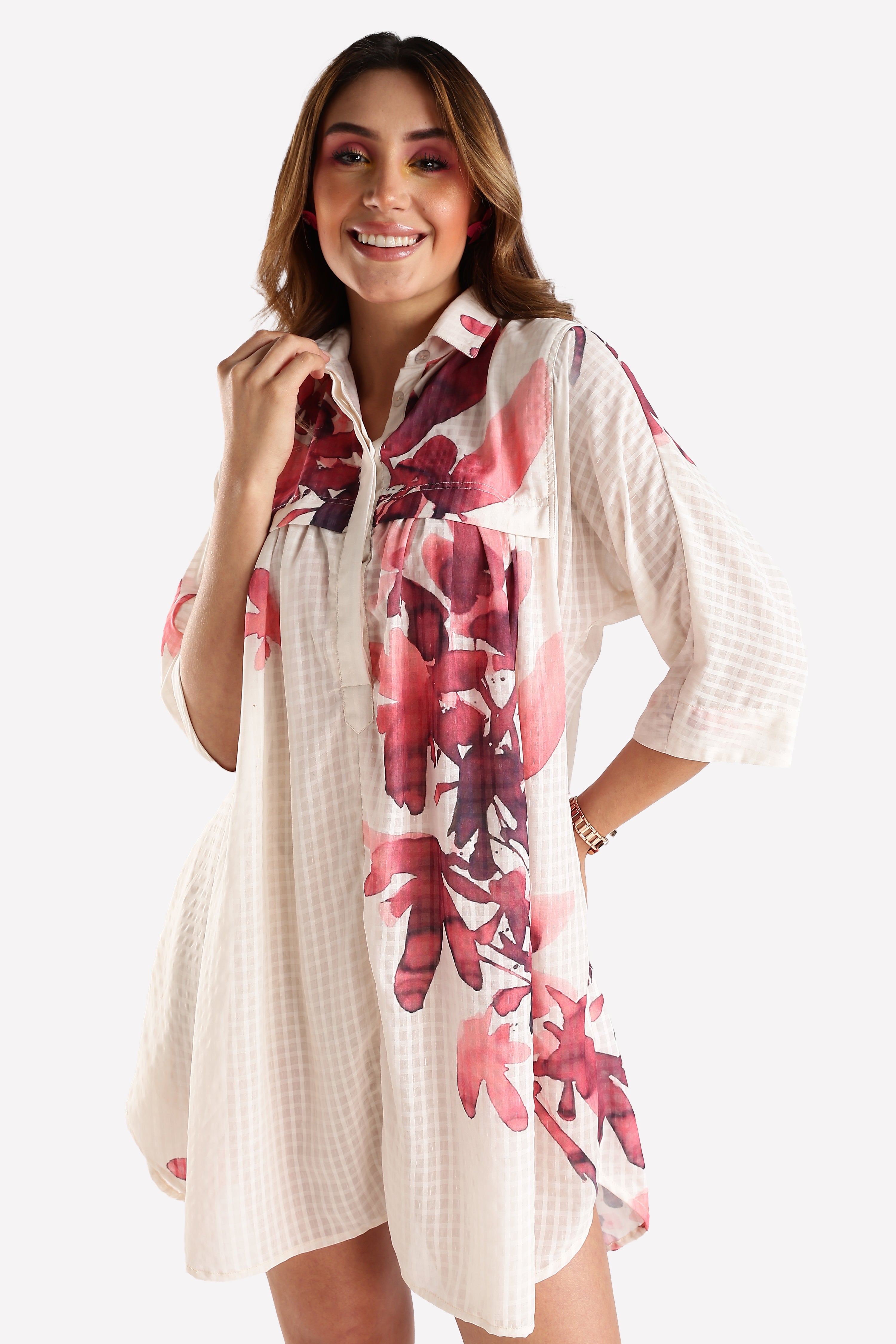 PRINTED SHIRT DRESS-MAROON