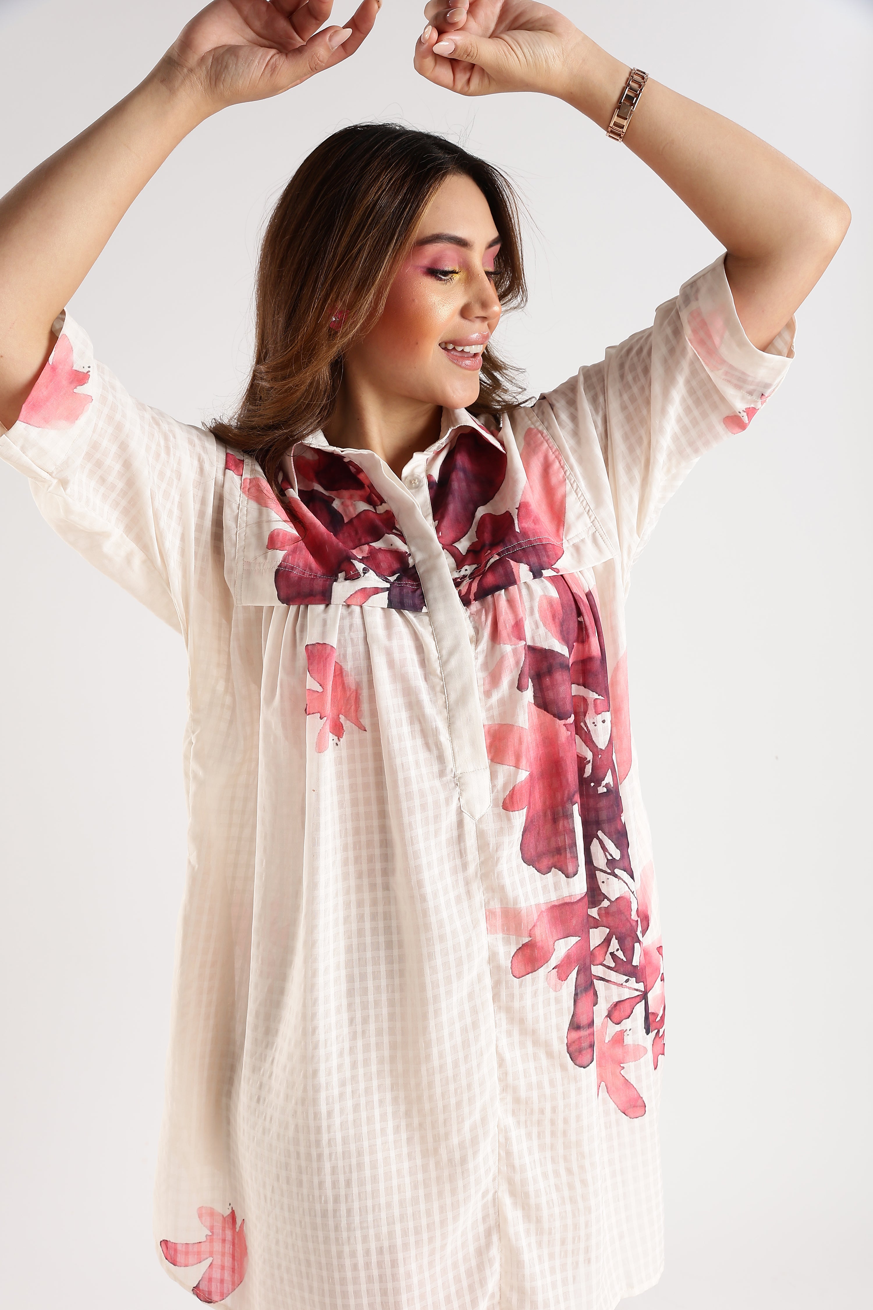 PRINTED SHIRT DRESS-MAROON