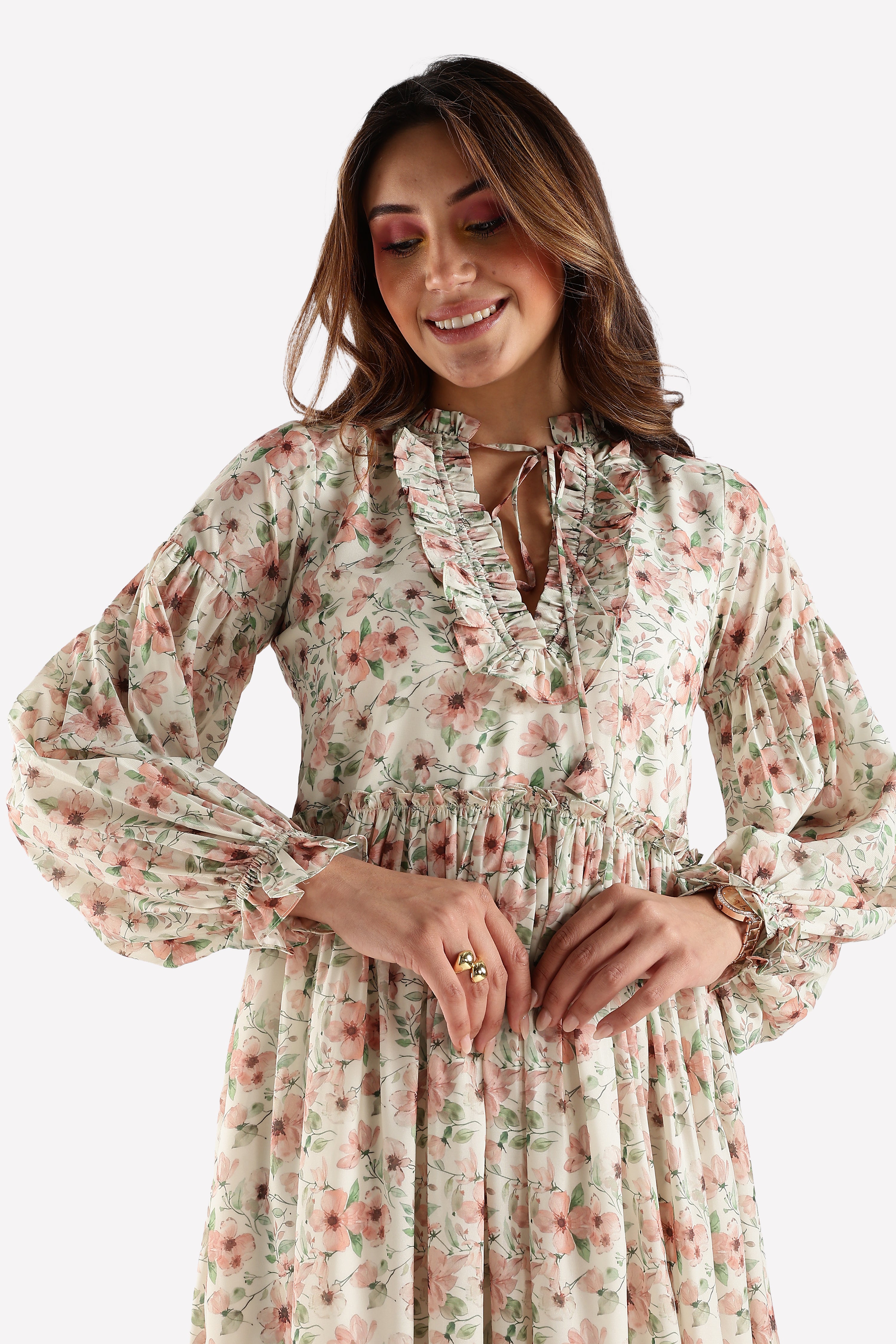 RUFFLE PRINTED DRESS-CREAM