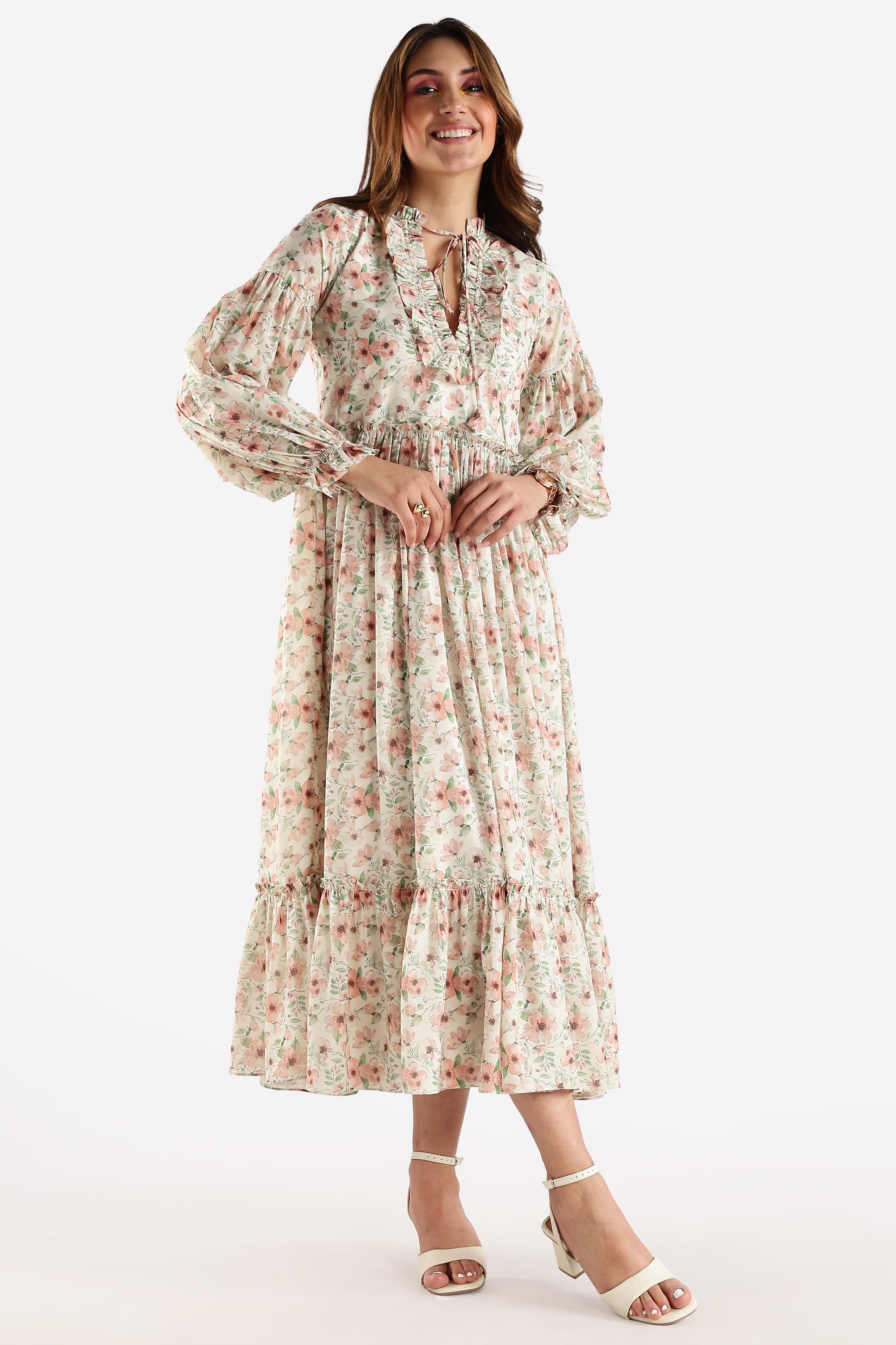 RUFFLE PRINTED DRESS-CREAM