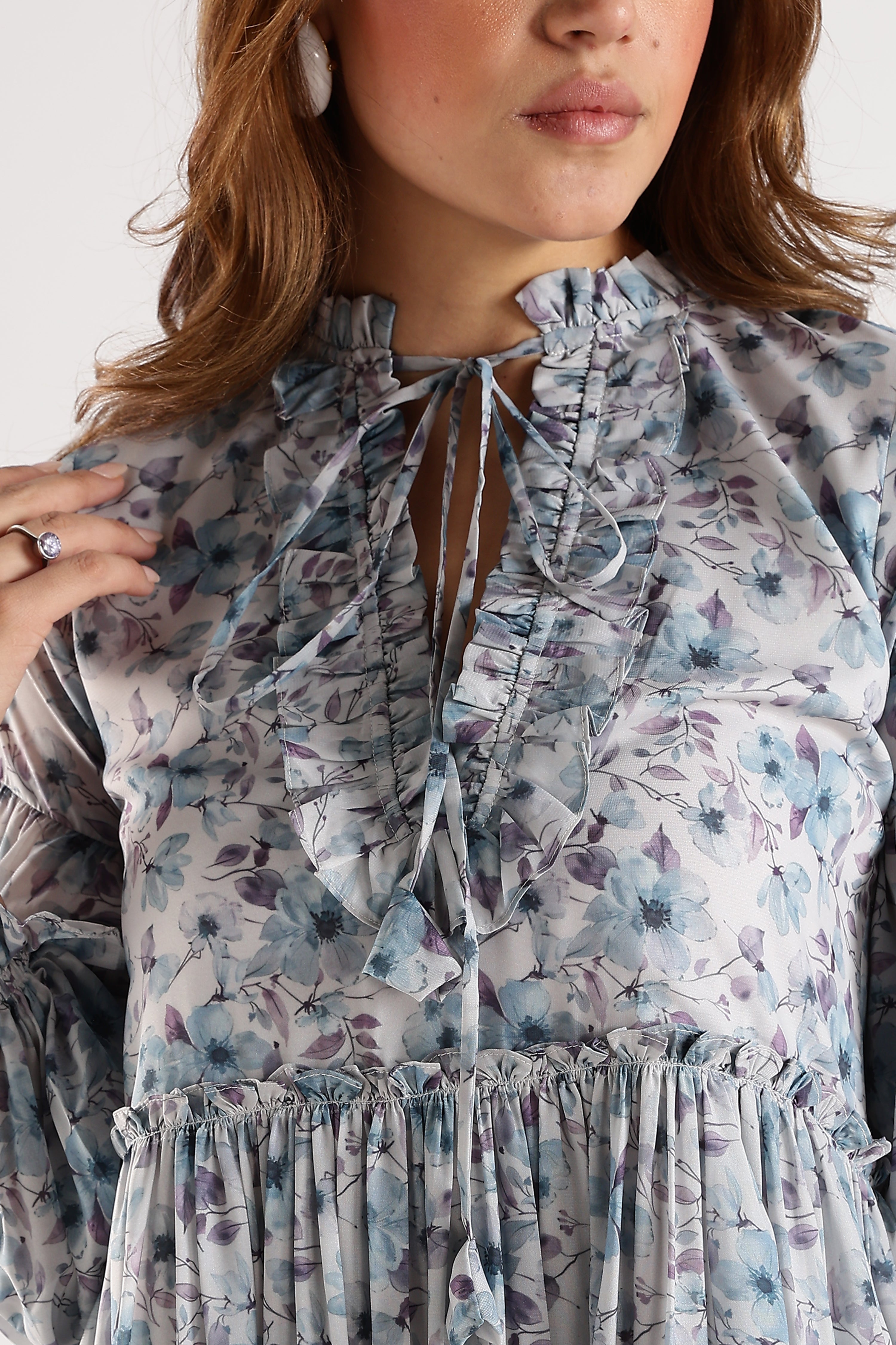 RUFFLE PRINTED DRESS-BLUE